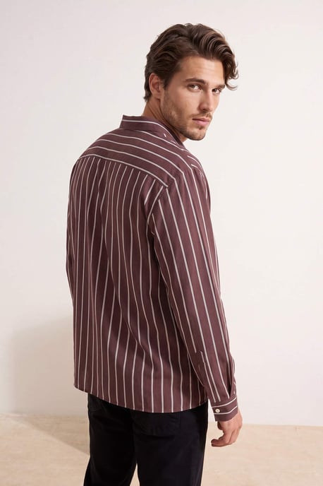 TRENDYOL MAN Men's Brown Striped Long Oversize Shirts - Image 2