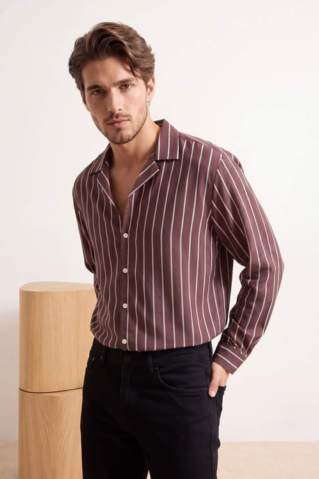 TRENDYOL MAN Men's Brown Striped Long Oversize Shirts - Image 6