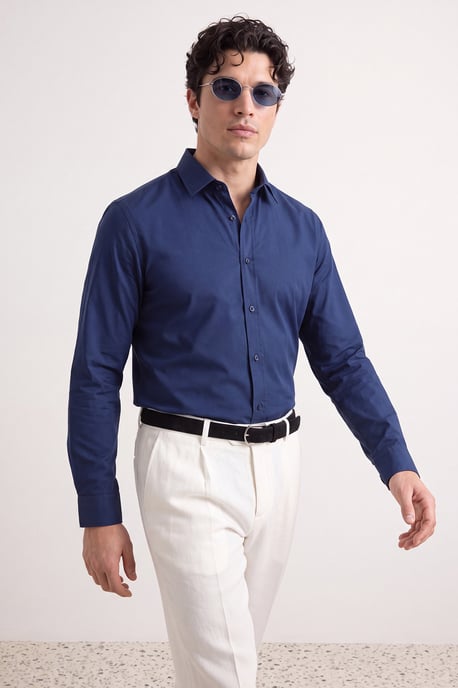 TRENDYOL MAN Men's Dark blue Plain Long Slim fit Shirts - Image 6