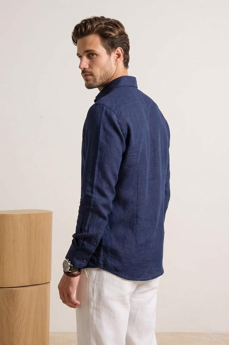TRENDYOL MAN Heren Donkerblauw Effen Lang Regular fit Overhemden - Image 3