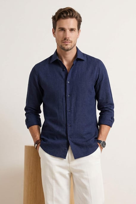 TRENDYOL MAN Heren Donkerblauw Effen Lang Regular fit Overhemden - Image 6