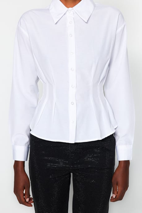 TRENDYOLMİLLA Dames Ecru Effen Lang Getailleerd Overhemden - Image 3