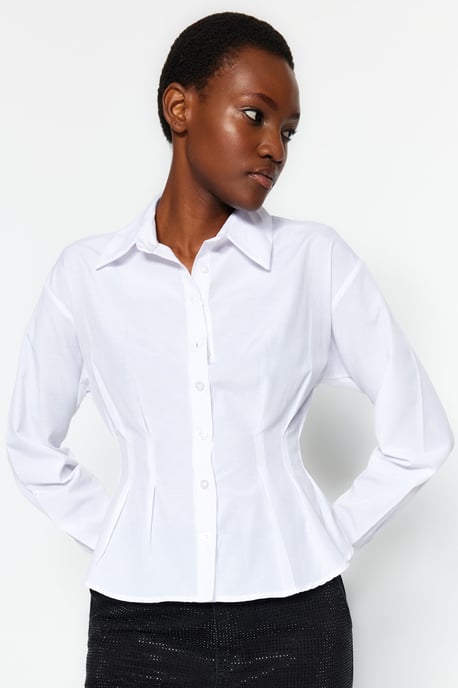 TRENDYOLMİLLA Dames Ecru Effen Lang Getailleerd Overhemden - Image 6