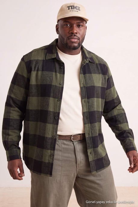TRENDYOL MAN Men's Khaki Plaid Long Regular fit Plus Size Shirts - Image 1