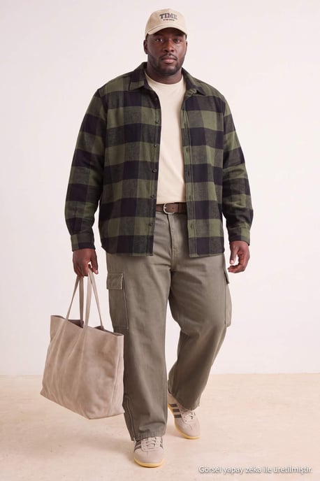 TRENDYOL MAN Men's Khaki Plaid Long Regular fit Plus Size Shirts - Image 6