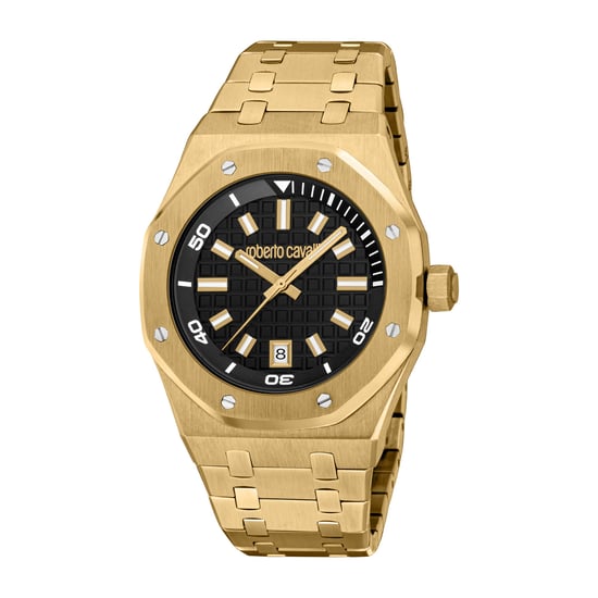 ROBERTO CAVALLI Men Watch, Gold Color Case, Black Dial, Gold Color Metal Bracelet, 3 Hands Date, 3 ATM - Image 1