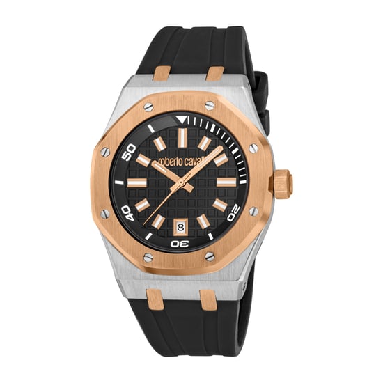 ROBERTO CAVALLI Men Watch, Two Tone Silver & Rose Gold Color Case, Black Dial, Black Silicone Strap, 3 Hands Date, 3 ATM - Image 1