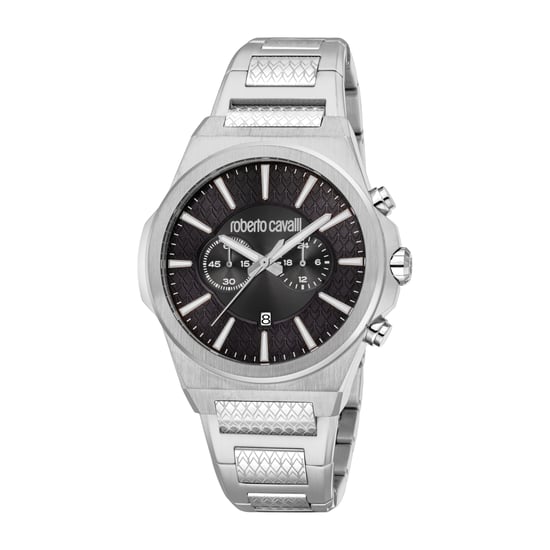 ROBERTO CAVALLI Men Watch, Silver Color Case, Black Dial, Stainless Steel Metal Bracelet, Chronograph, 10 ATM - Image 1