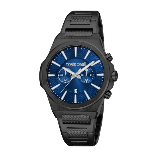 ROBERTO CAVALLI Men Watch, Black Color Case, Dark Blue Dial, Black Color Metal Bracelet, Chronograph, 10 ATM - Image 1