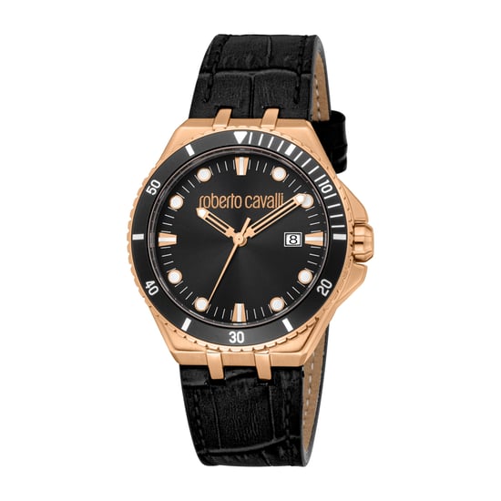 ROBERTO CAVALLI Men Watch, Rose Gold Color Case, Black Dial, Black Leather Strap, 3 Hands Date, 10 ATM - Image 1