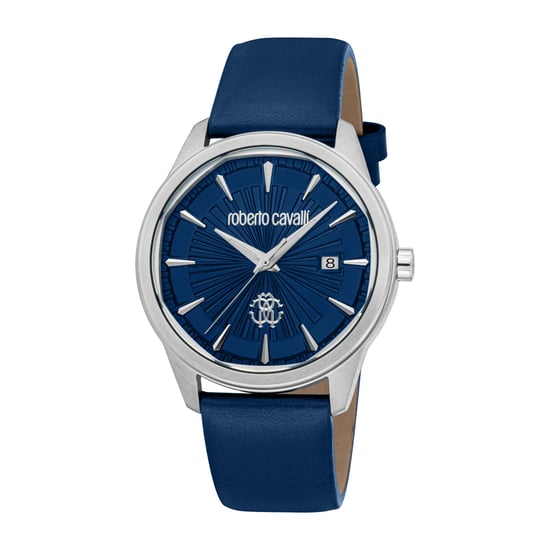 ROBERTO CAVALLI Men Watch, Silver Color Case, Dark Blue Dial, Dark Blue Leather Strap, 3 Hands Date, 5 ATM - Image 1