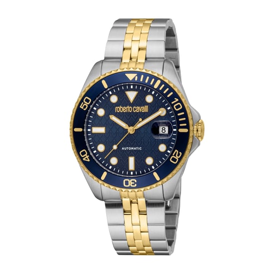 ROBERTO CAVALLI Men Watch, Two Tone Silver & Gold Color Case, Dark Blue Dial, Two Tone Silver & Gold Color Metal Bracelet, Automatic, 10 ATM - Image 1