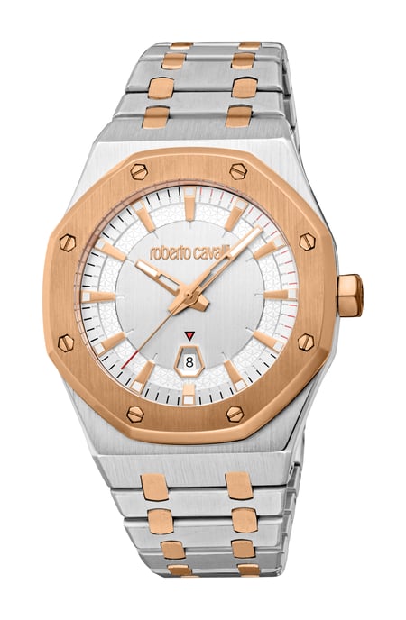 ROBERTO CAVALLI Men Watch, Two Tone Silver & Rose Gold Color Case, Silver Dial, Two Tone Silver & Rose Gold Color Metal Bracelet, 3 Hands Date, 3 ATM - Image 1