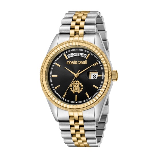 ROBERTO CAVALLI Men Watch, Two Tone Silver & Gold Color Case, Black Dial, Two Tone Silver & Gold Color Metal Bracelet, 3 Hands Day-Date, 5 ATM - Image 1