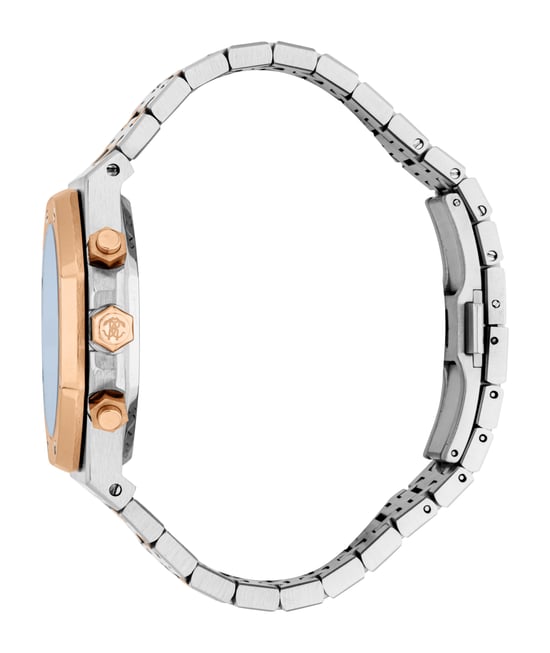 ROBERTO CAVALLI Men Watch, Two Tone Silver & Rose Gold Color Case, Dark Blue Dial, Two Tone Silver & Rose Gold Color Metal Bracelet, Chronograph, 3 ATM - Image 3