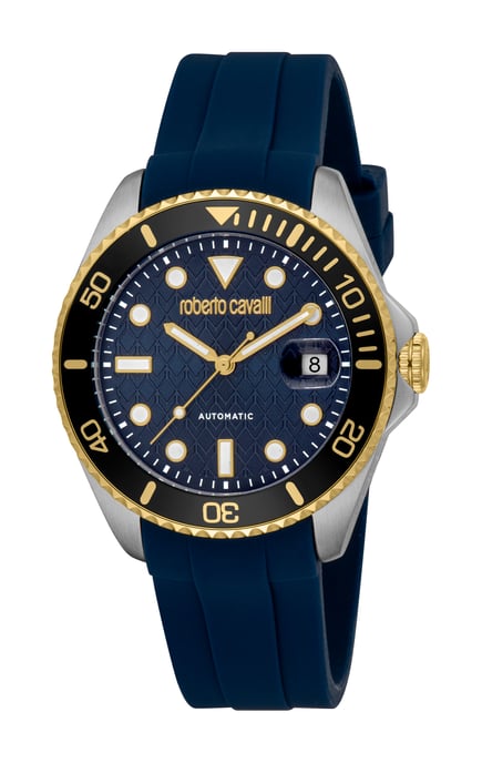 ROBERTO CAVALLI Men Watch, Two Tone Silver & Gold Color Case, Dark Blue Dial, Dark Blue Silicone Strap, Automatic, 10 ATM - Image 1