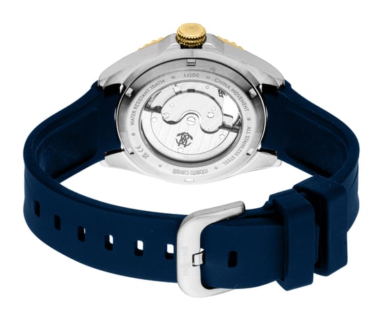 ROBERTO CAVALLI Men Watch, Two Tone Silver & Gold Color Case, Dark Blue Dial, Dark Blue Silicone Strap, Automatic, 10 ATM - Image 2