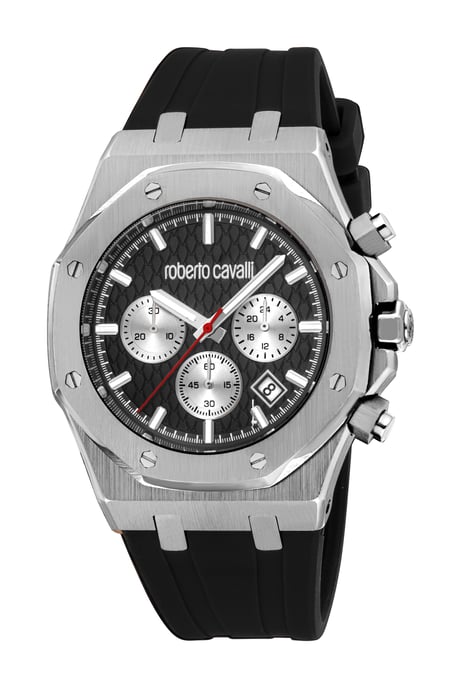 ROBERTO CAVALLI Men Watch, Silver Color Case, Black Dial, Black Silicone Strap, Chronograph, 3 ATM - Image 1