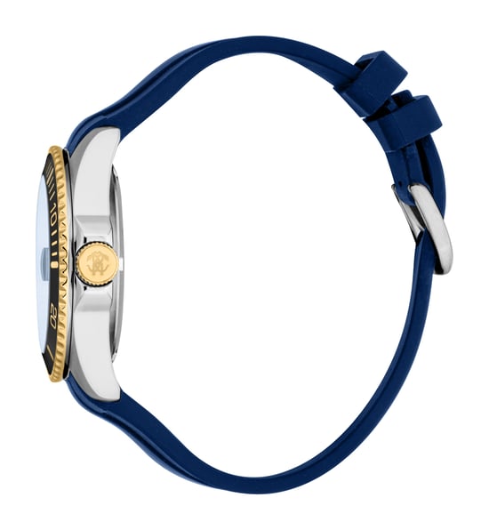 ROBERTO CAVALLI Men Watch, Two Tone Silver & Gold Color Case, Dark Blue Dial, Dark Blue Silicone Strap, Automatic, 10 ATM - Image 3