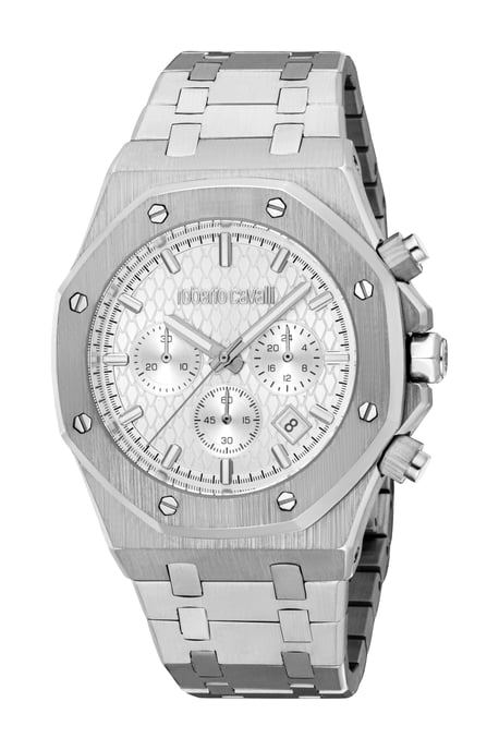 ROBERTO CAVALLI Men Watch, Silver Color Case, Silver Dial, Stainless Steel Metal Bracelet, Chronograph, 3 ATM - Image 1