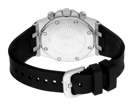 ROBERTO CAVALLI Men Watch, Silver Color Case, Black Dial, Black Silicone Strap, Chronograph, 3 ATM - Image 2