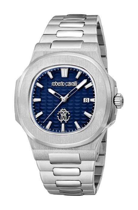 ROBERTO CAVALLI Men Watch, Silver Color Case, Dark Blue Dial, Stainless Steel Metal Bracelet, 3 Hands Date, 3 ATM - Image 1
