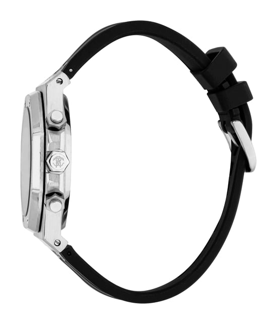 ROBERTO CAVALLI Men Watch, Silver Color Case, Black Dial, Black Silicone Strap, Chronograph, 3 ATM - Image 3