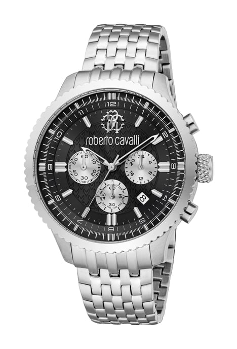 ROBERTO CAVALLI Men Watch, Silver Color Case, Black Dial, Stainless Steel Metal Bracelet, Chronograph, 10 ATM - Image 1