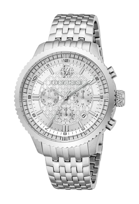 ROBERTO CAVALLI Men Watch, Silver Color Case, Silver Dial, Stainless Steel Metal Bracelet, Chronograph, 10 ATM - Image 1
