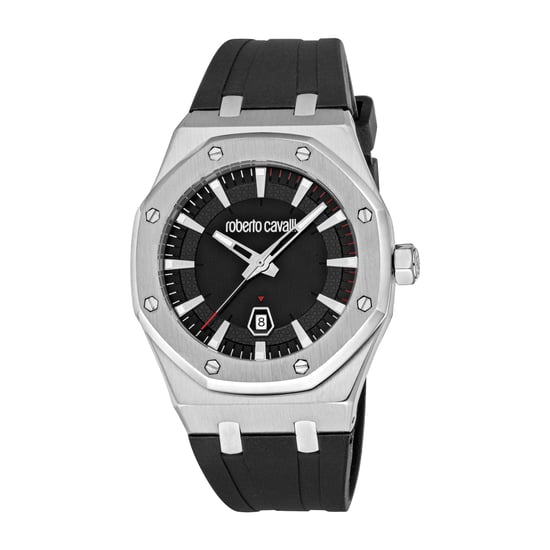ROBERTO CAVALLI Men Watch, Silver Color Case, Black Dial, Black Silicone Strap, 3 Hands Date, 3 ATM - Image 1