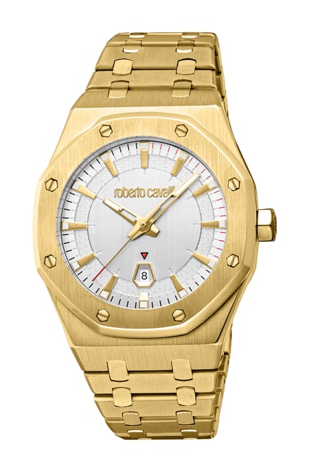 ROBERTO CAVALLI Men Watch, Gold Color Case, Silver Dial, Gold Color Metal Bracelet, 3 Hands Date, 3 ATM - Image 1
