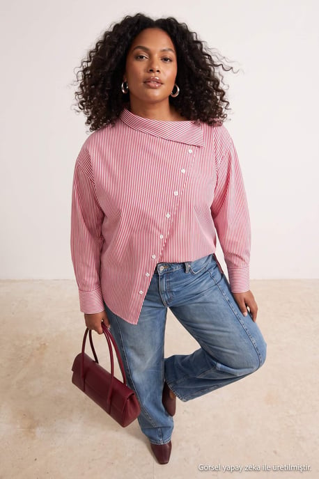 Trendyol Curve Dames Bordeaux Effen Lang Regular fit Grote maten Overhemden - Image 1