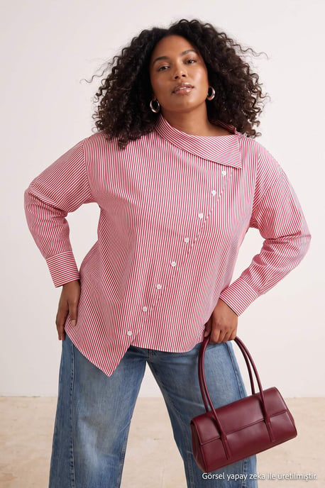 Trendyol Curve Dames Bordeaux Effen Lang Regular fit Grote maten Overhemden - Image 2