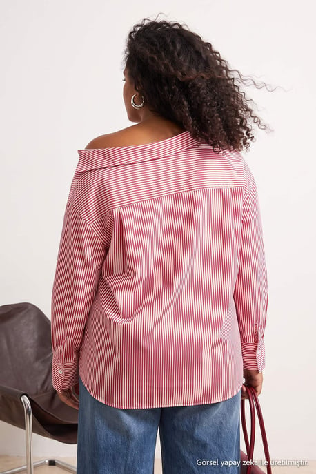 Trendyol Curve Dames Bordeaux Effen Lang Regular fit Grote maten Overhemden - Image 3