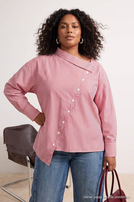 Trendyol Curve Dames Bordeaux Effen Lang Regular fit Grote maten Overhemden - Image 6