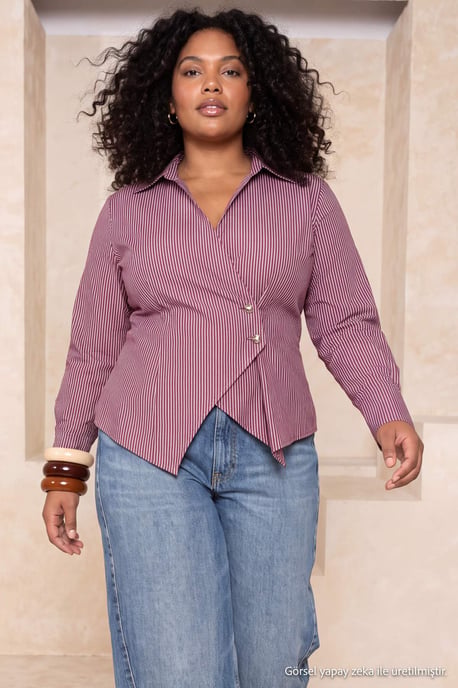 Trendyol Curve Dames Bordeaux Gestreept Lang Getailleerd Grote maten Overhemden - Image 6