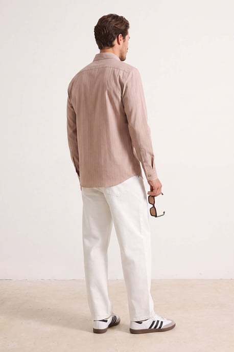 TRENDYOL MAN Heren Beige Gestreept Lang Regular fit Overhemden - Image 3