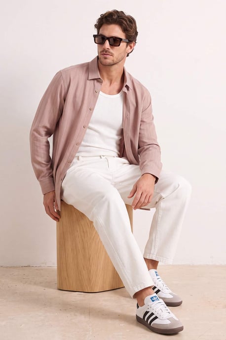 TRENDYOL MAN Heren Beige Gestreept Lang Regular fit Overhemden - Image 6