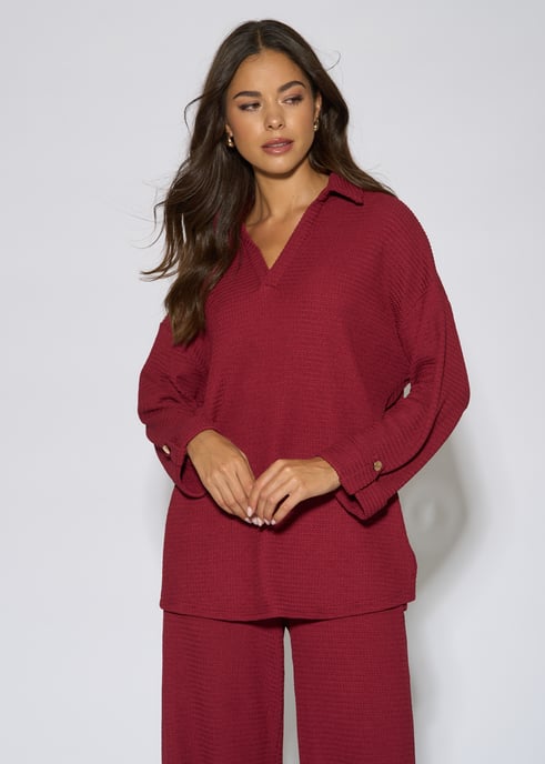 Mulberry Textured V Neck Roll Up Sleeves Top - Image 1