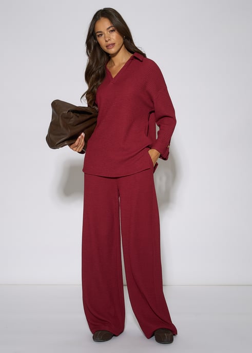 Mulberry Textured V Neck Roll Up Sleeves Top - Image 2