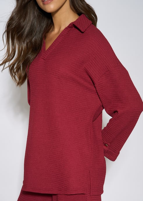 Mulberry Textured V Neck Roll Up Sleeves Top - Image 4