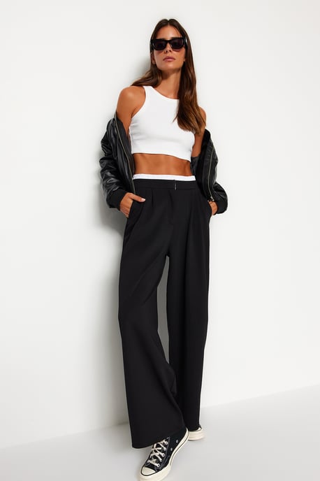 TRENDYOLMİLLA Women's Black Plain Wide Leg High Waist Trousers - Image 2