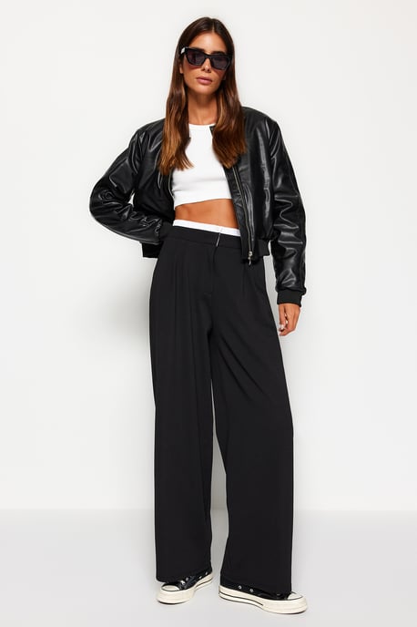 TRENDYOLMİLLA Women's Black Plain Wide Leg High Waist Trousers - Image 6