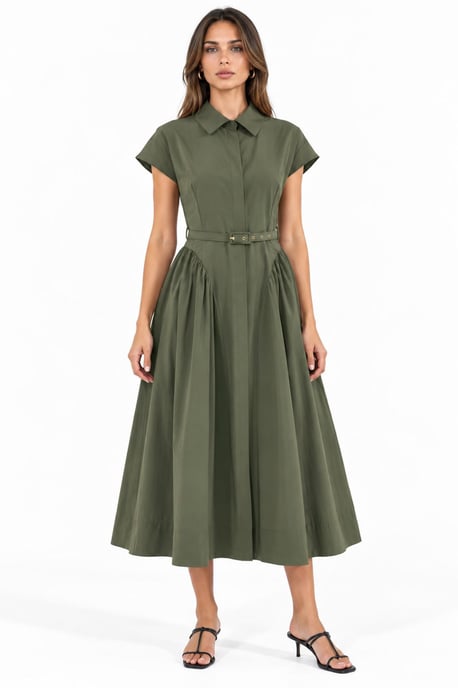 Belted Midi Dress with Shirt Collar - Image 1
