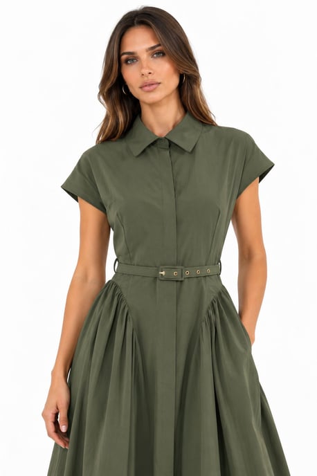 Belted Midi Dress with Shirt Collar - Image 4
