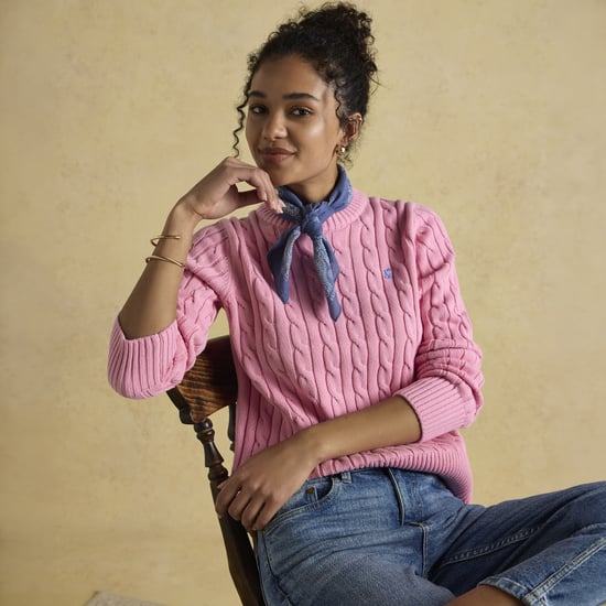 Joules Classic Cable Womens Sweaters Pink - Image 3