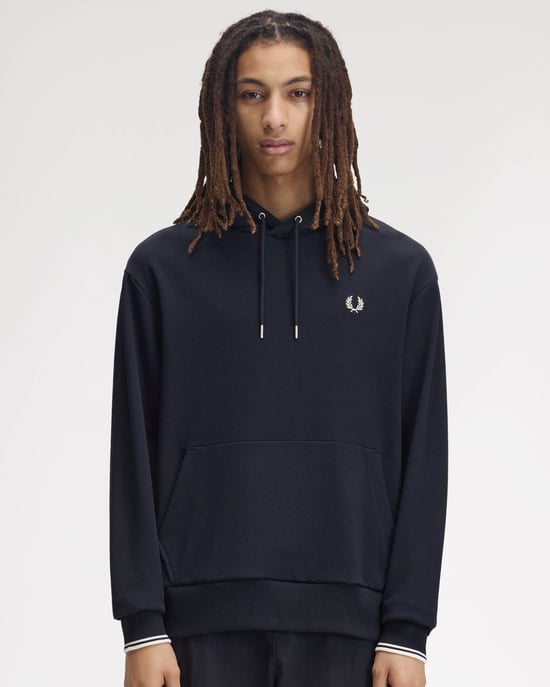 Relaxed Fit Long Sleeve Logo Detail Hoodie in Dark Navy - Image 1