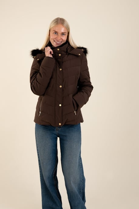 Brown Quilted Jacket With Faux Fur Trim Hood - Image 1