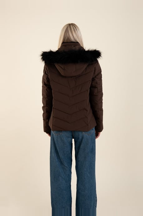 Brown Quilted Jacket With Faux Fur Trim Hood - Image 2