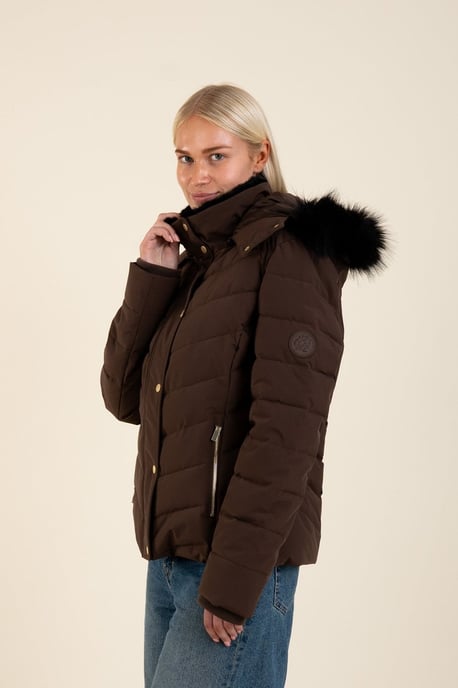 Brown Quilted Jacket With Faux Fur Trim Hood - Image 3